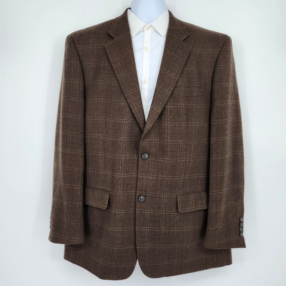 Joseph & Feiss Mens Sport Coat 44 Long Brown Lambswool Windowpane Plaid Blazer